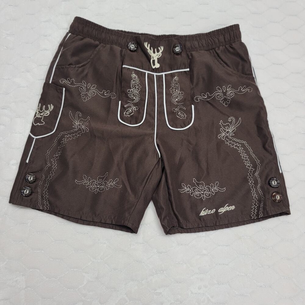 Kitzo Alpen Mens Medium Lederhosen Swim Trunks Brown Austrian Embroidered Shorts